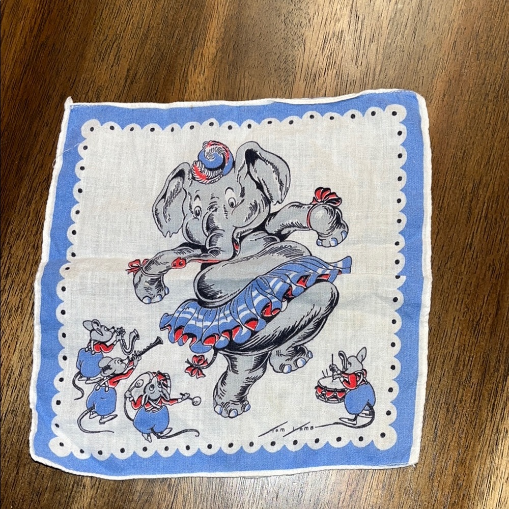 Vintage 1940s-1950s Blue and White Elephant Kids Handkerchief Nice